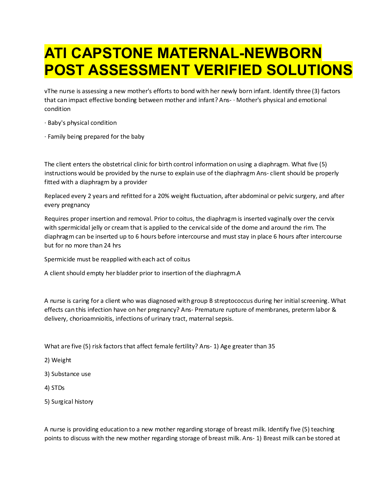 Preview image for ATI CAPSTONE MATERNAL-NEWBORN  POST ASSESSMENT VERIFIED SOLUTIONS